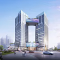 Tall Modern Office Building With Glass Facade Connected At Top And Surrounded By Roads Pedestrians