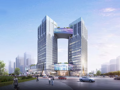 Tall Modern Office Building With Glass Facade Connected At Top And Surrounded By Roads Pedestrians 3d model