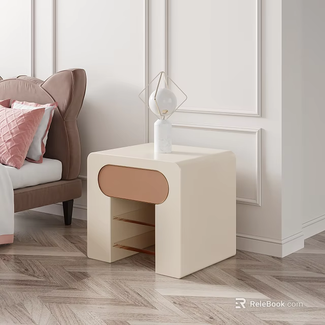 Minimalist Beige Bedside Table With Light Brown Detail And Geometric Lamp On Wooden Floor 3d model 