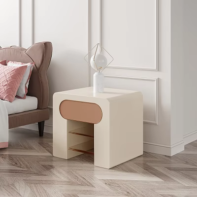 Minimalist Beige Bedside Table With Light Brown Detail And Geometric Lamp On Wooden Floor 3d model