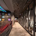 Stylish Restaurant Interior Design With Red Arch Wooden Ceiling Metal Decor And Warm Lighting
