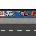 Colorful Mural Wall With Cartoon Characters And People Viewing Artwork