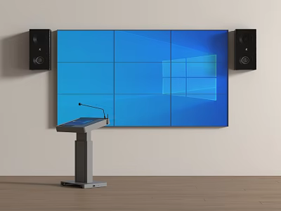 Public Facility Presentation Setup With Large Blue Panel Screen Speakers And Microphone Podium 3d model