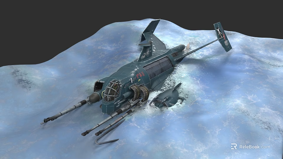 Warship Wreckage on Icy Surface in Frozen Landscape With Damaged Wings and Exposed Weaponry 3d model 