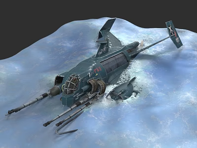 Warship Wreckage on Icy Surface in Frozen Landscape With Damaged Wings and Exposed Weaponry 3d model