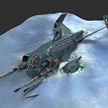 Warship Wreckage on Icy Surface in Frozen Landscape With Damaged Wings and Exposed Weaponry