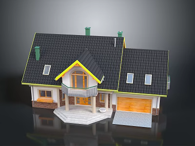 Classic House Exterior With Black Roof Yellow Trim Chimneys Steps Porch And Wooden Garage Door 3d model