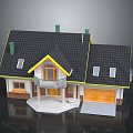 Classic House Exterior With Black Roof Yellow Trim Chimneys Steps Porch And Wooden Garage Door