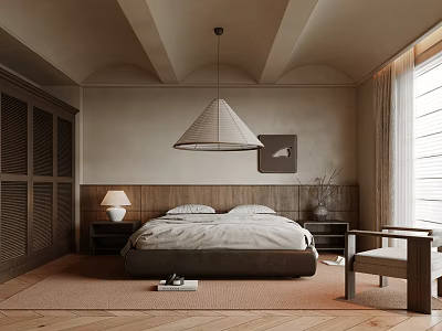 Warm Neutral Tones Bedroom Interior Design With Platform Bed Nightstand Table Lamp And Pendant Light 3d model