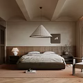 Warm Neutral Tones Bedroom Interior Design With Platform Bed Nightstand Table Lamp And Pendant Light