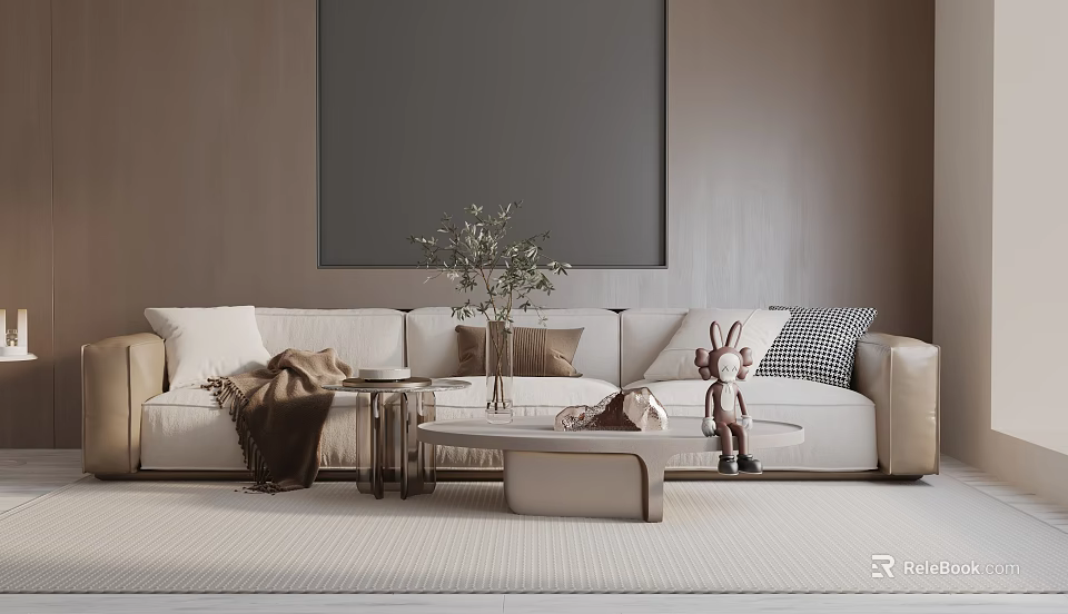 Light Colored Three Seater Sofa With Throw Pillows Blanket Coffee Table And Decorative Plant 3d model 
