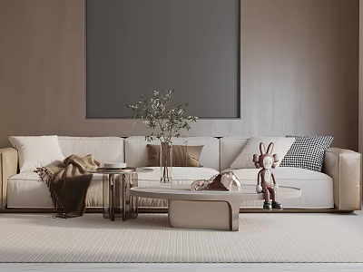 Light Colored Three Seater Sofa With Throw Pillows Blanket Coffee Table And Decorative Plant 3d model
