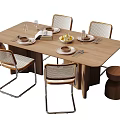 Wooden Dining Table Set With Rattan Chairs Stool Dinnerware And Fruit Plate 3d model