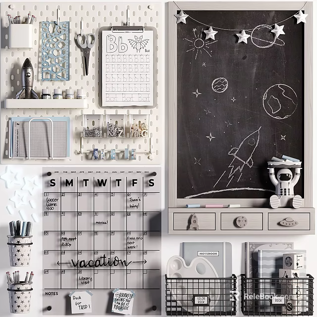 Creative Study Space With Chalkboard Rocket Art Astronaut Decor And Stationery Organizers 3d model 