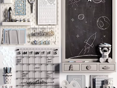 Creative Study Space With Chalkboard Rocket Art Astronaut Decor And Stationery Organizers 3d model