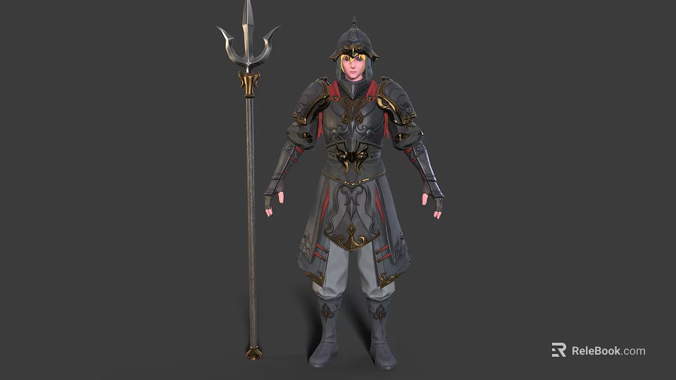 Armored Warrior Character With Trident Weapon And Detailed Ancient Armor Design 3d model 