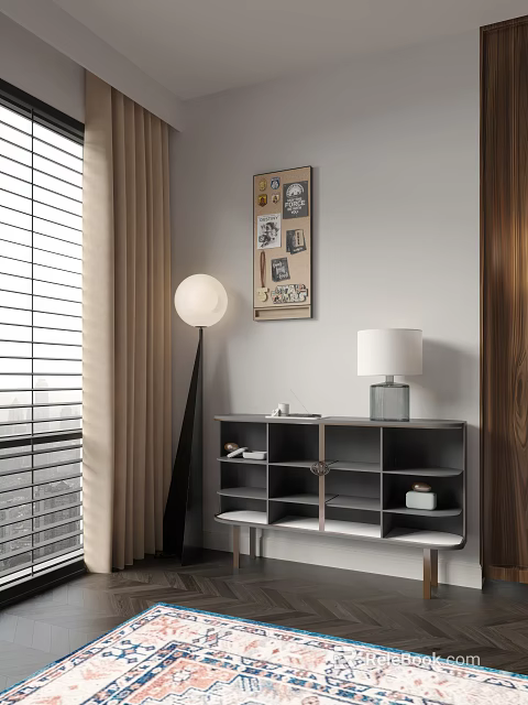 Entryway Cabinet Sideboard With Drawers And Compartments Floor Lamp Table Lamp Blinds Curtains Decorative Art 3d model 