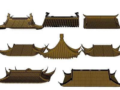 Traditional Chinese Architectural Roof Components With Diverse Eave Designs And Tile Patterns 3d model