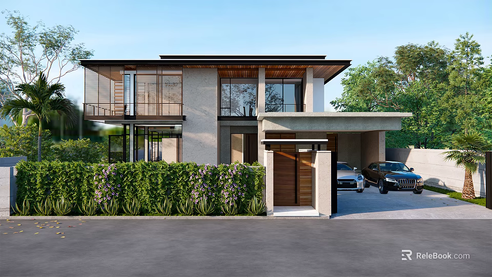Modern Single Family House Exterior Design With Green Shrubs Driveway And Parked Cars 3d model 
