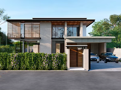 Modern Single Family House Exterior Design With Green Shrubs Driveway And Parked Cars 3d model