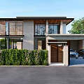 Modern Single Family House Exterior Design With Green Shrubs Driveway And Parked Cars