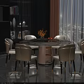 Elegant Modern Dining Table Set with Round Marble Tabletop Beige Chairs and Decorative Vase Flowers