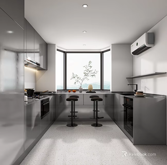 Modern Kitchen With Stainless Steel Cabinets Bar Stools Large Window And Green Plant 3d model 