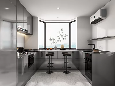 Modern Kitchen With Stainless Steel Cabinets Bar Stools Large Window And Green Plant 3d model