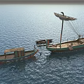 Traditional Wooden Boats with Mast Ropes Small Shelter and Raft on Calm Water