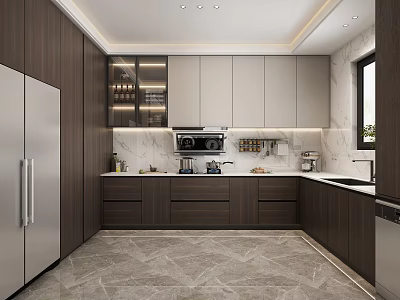 Modern Kitchen With Dark Wood Cabinets White Upper Units And Stainless Steel Refrigerator 3d model
