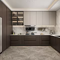 Modern Kitchen With Dark Wood Cabinets White Upper Units And Stainless Steel Refrigerator