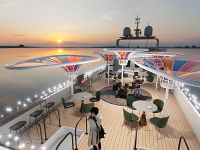Yacht Deck with Colorful Canopies Tables and Chairs during Sunset with Ambient Lighting 3d model