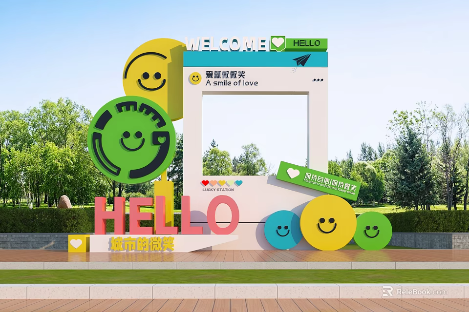 Outdoor City Tourism Photo Check In Spot With Smiley Faces And Welcome Sign 3d model 
