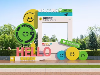 Outdoor City Tourism Photo Check In Spot With Smiley Faces And Welcome Sign 3d model