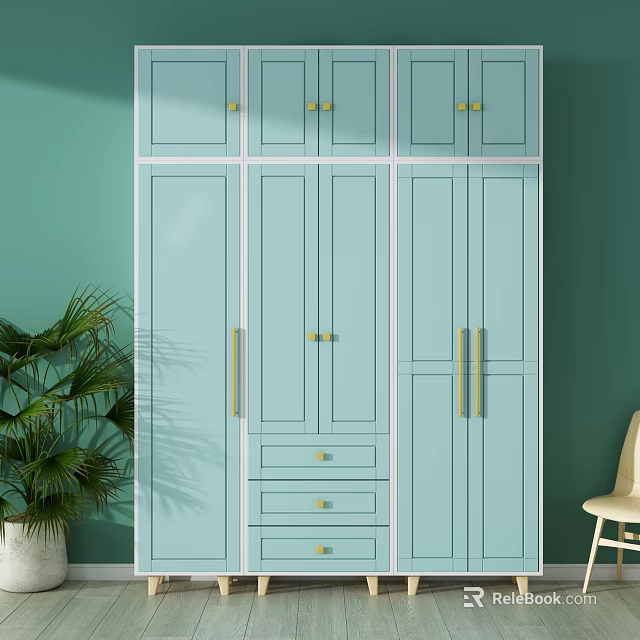 Light Blue Wardrobe Interior Design With Cabinet Doors Drawers And Gold Handles 3d model 