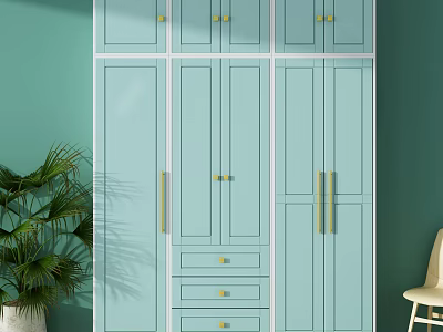 Light Blue Wardrobe Interior Design With Cabinet Doors Drawers And Gold Handles 3d model