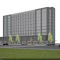 Modern High Rise Office Building With Glass Curtain Wall Trees And Green Lawn