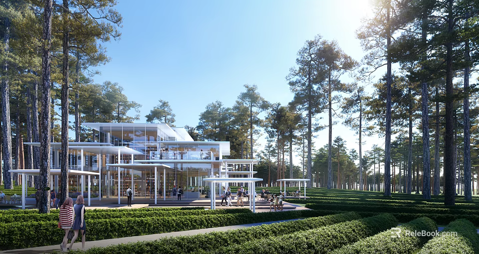 Sunlit Modern Building With Glass Walls Surrounded By Pine Trees And Manicured Hedges 3d model 