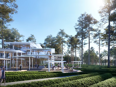 Sunlit Modern Building With Glass Walls Surrounded By Pine Trees And Manicured Hedges 3d model