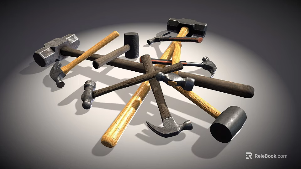 Various Types of Hammers With Wooden Handles and Metal Heads on Display Together 3d model 
