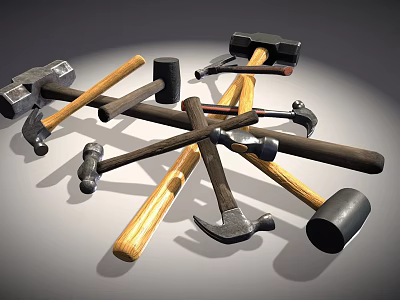 Various Types of Hammers With Wooden Handles and Metal Heads on Display Together 3d model