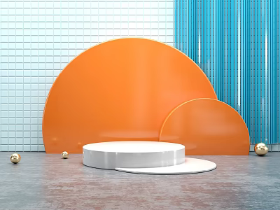 Commercial Display Equipment With White Circular Platform Orange Semicircular Backdrop And Gold Balls 3d model