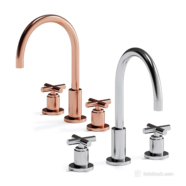 Modern Faucets With Copper And Stainless Steel Finishes And Cross Handles For Bathroom Use 3d model 