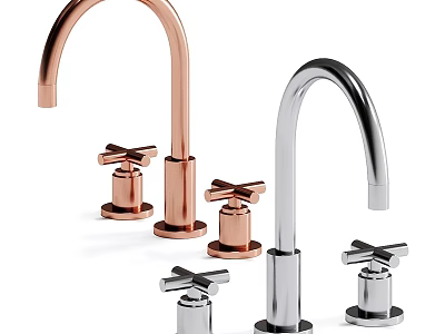 Modern Faucets With Copper And Stainless Steel Finishes And Cross Handles For Bathroom Use 3d model