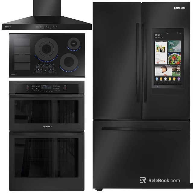 Modern Black Kitchen Appliances With Sleek Stove Double Oven And Smart Refrigerator 3d model 