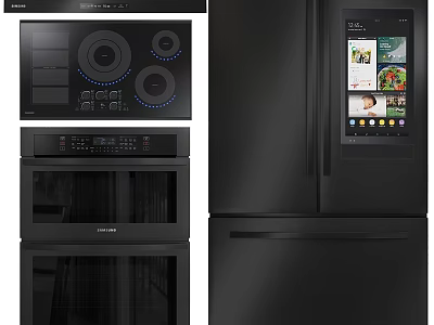 Modern Black Kitchen Appliances With Sleek Stove Double Oven And Smart Refrigerator 3d model