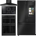 Modern Black Kitchen Appliances With Sleek Stove Double Oven And Smart Refrigerator