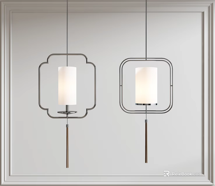 Two Modern Square Frame Chandeliers With White Lampshade And Hanging Tassels 3d model