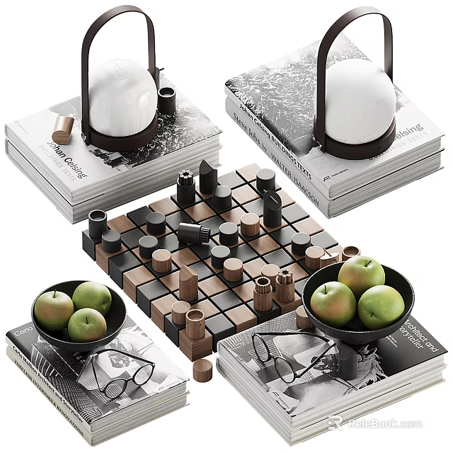 Stylish Decor Display With Books Hourglass Blocks Apples And Glasses 3d model 