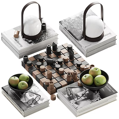 Stylish Decor Display With Books Hourglass Blocks Apples And Glasses 3d model